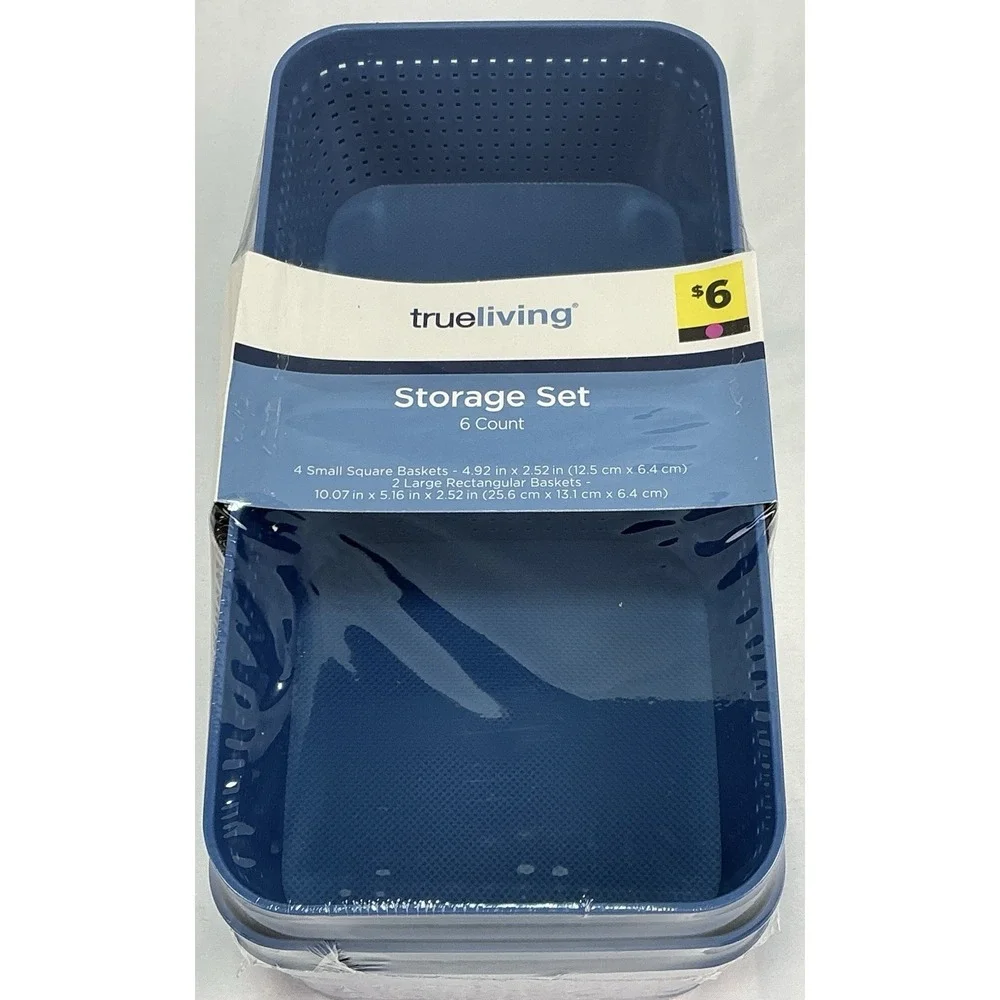 TrueLiving Storage Set 6 Count - Blue Plastic Baskets (4 Small And 2 Large ) New